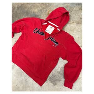Vintage Champion Reverse Weave Half-Zip Red Hoodie Chain-Stitched Script Logo M